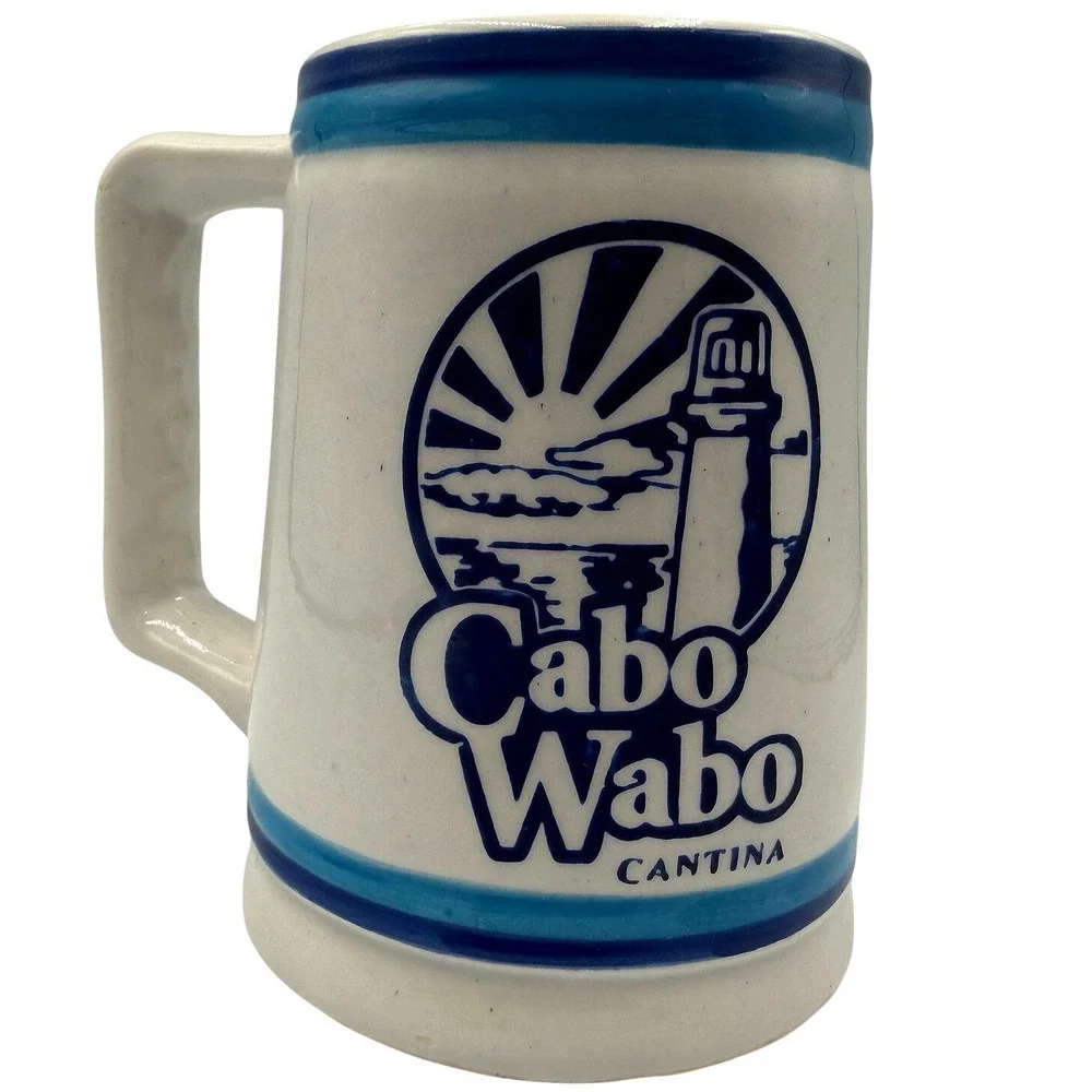 Cabo Wabo Cantina Beer Stein Mug Blue White Lighthouse Ceramic Cat-Mex Mexico